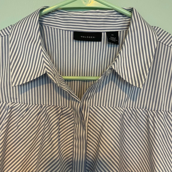 EUC Halogen blue white striped ruffle short sleeve button down blouse - Picture 3 of 5